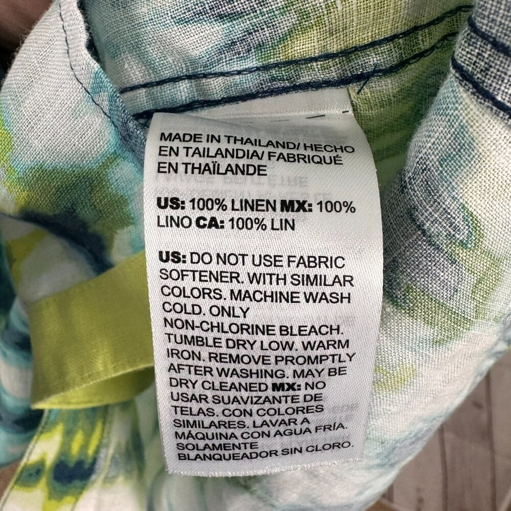 Chico's No Iron 100% Linen Watercolor Tie Dye Green Blue Button Down Size 12 - Picture 6 of 6